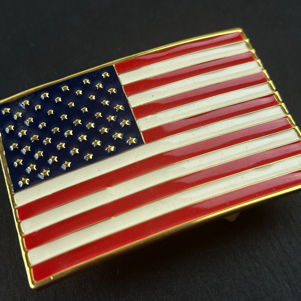 Vintage Dotty Smith Goldtone American Flag Enameled Belt Buckle 2.5" x  1.75" - Picture 10 of 13